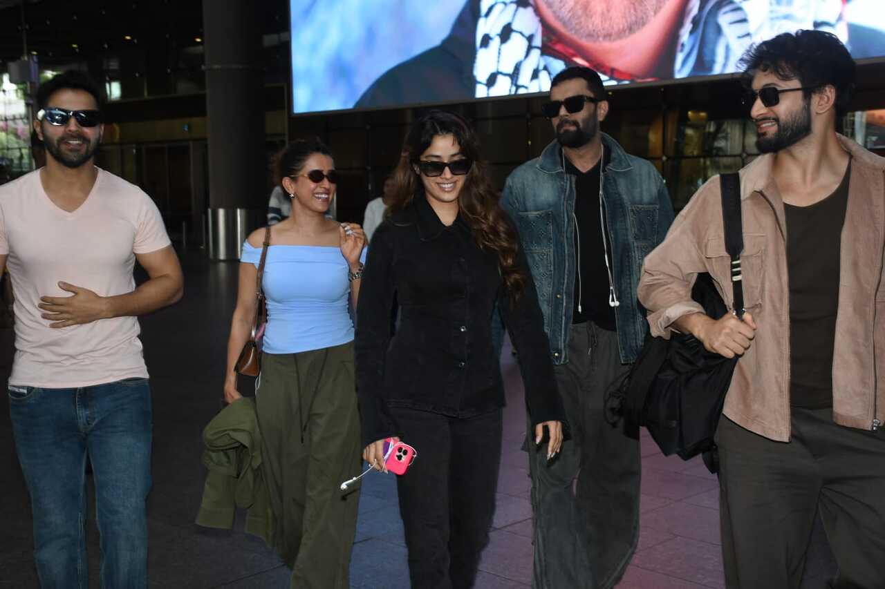 Sunny Sanskari Ki Tulsi Kumari cast Varun Dhawan, Sanya Malhotra,  Janhvi Kapoor, Maniesh Paul and Rohit Saraf were all smiles as they arrived at the airport.